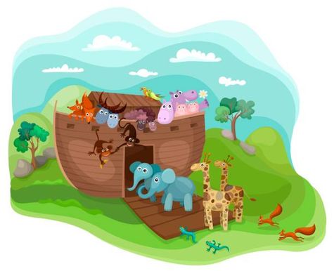 dessin de l'Arche de Noé avec des éléphants et des girafes