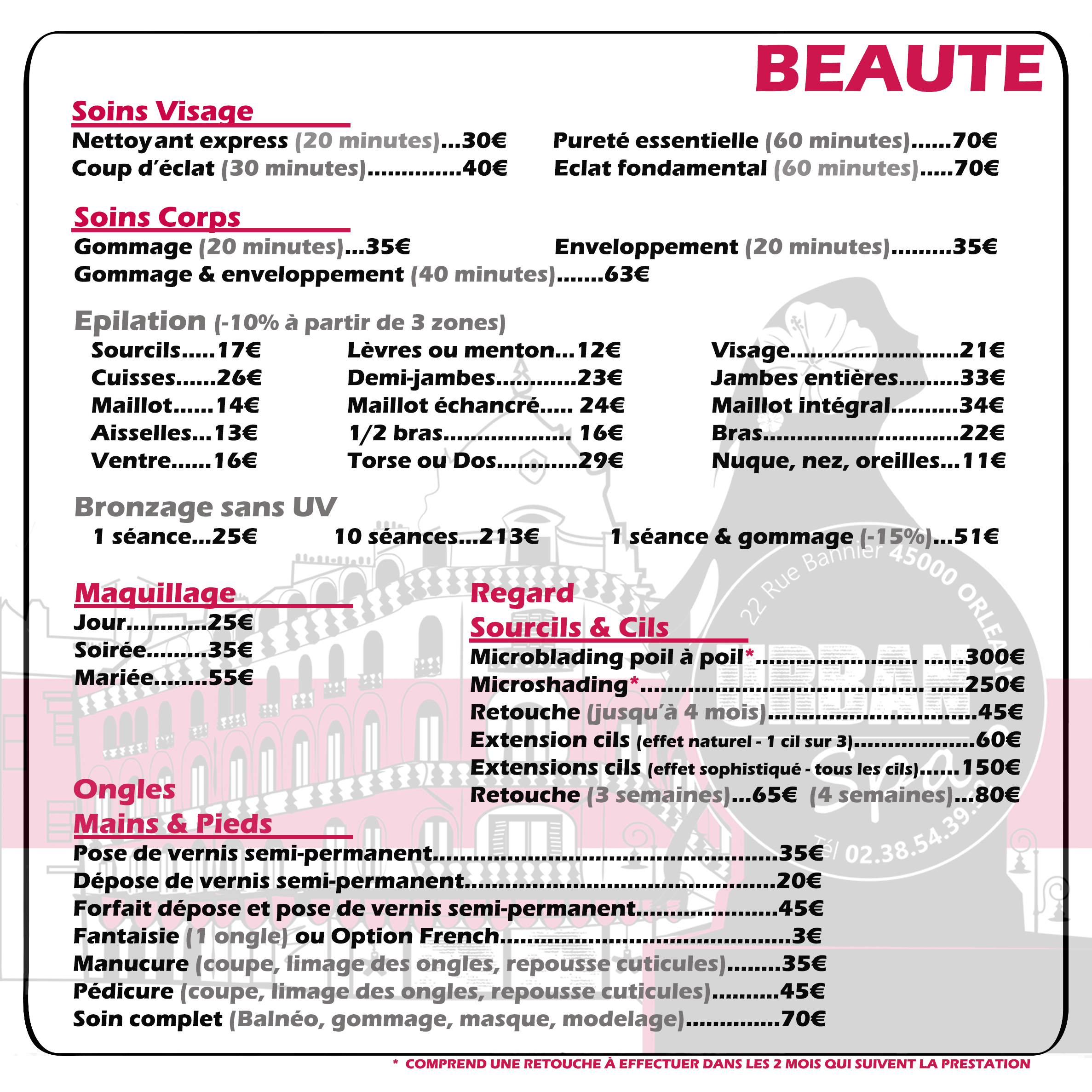 Urban spa esthetique tarifs 2023