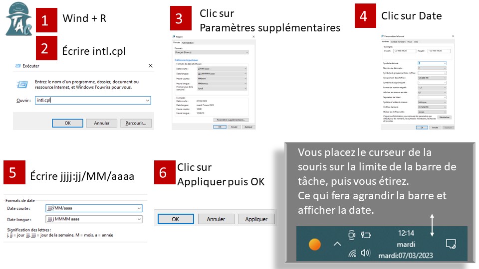 Comment afficher la date dans la barre de tâche sur le pc.