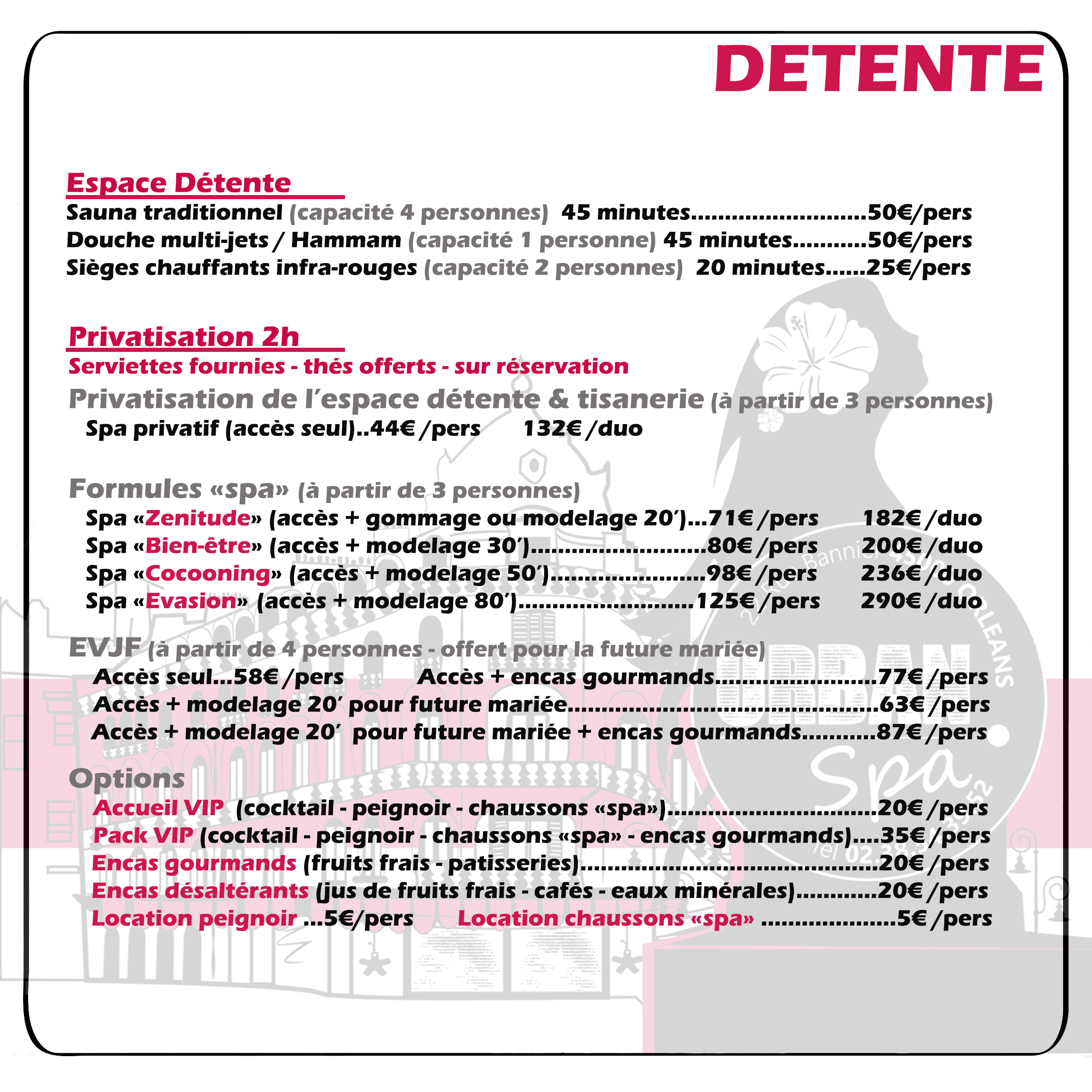 Urban spa espace detente tarifs 2023