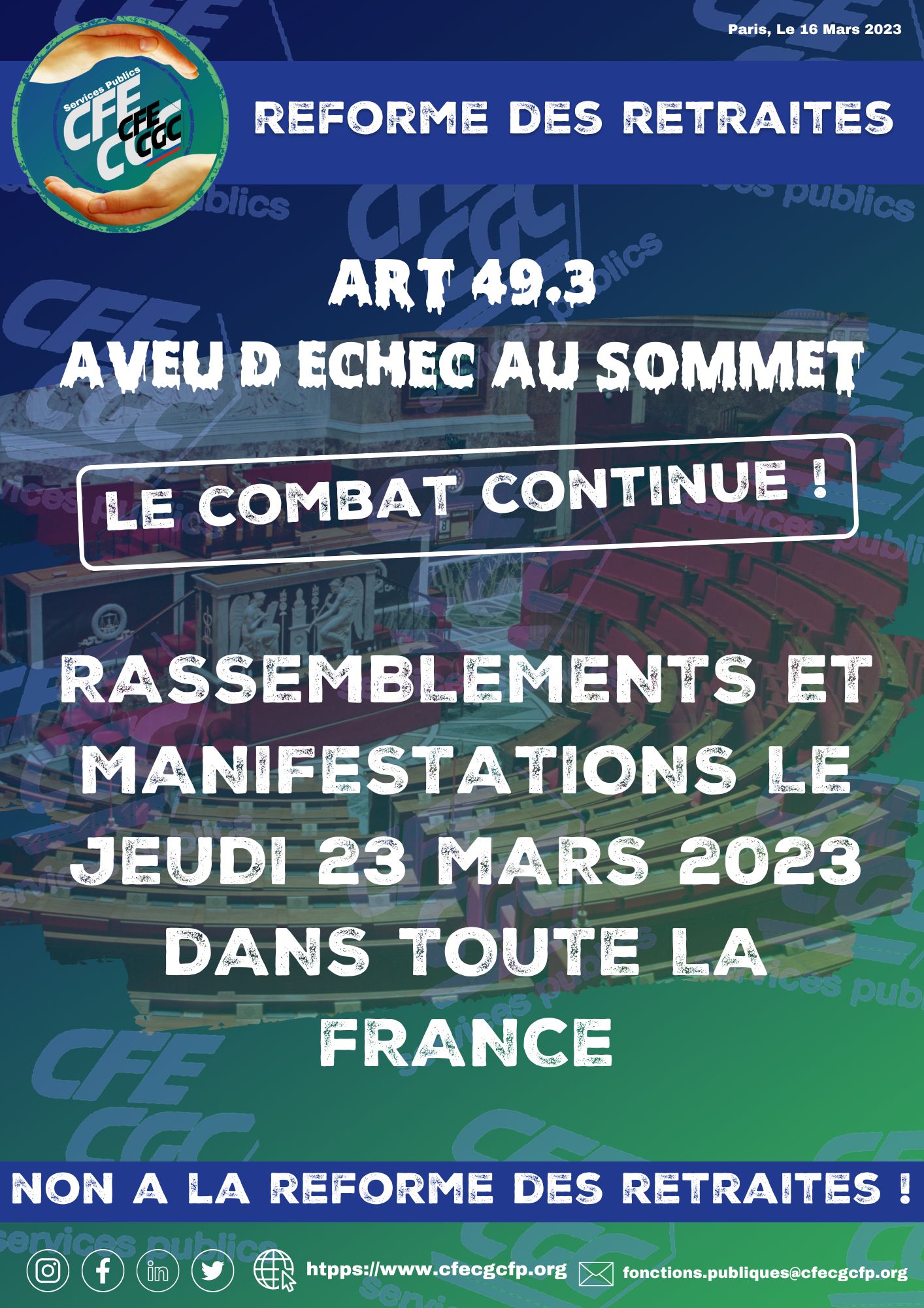 rassemblements et manifestations le 23 mars 2023 contre la réforme!
