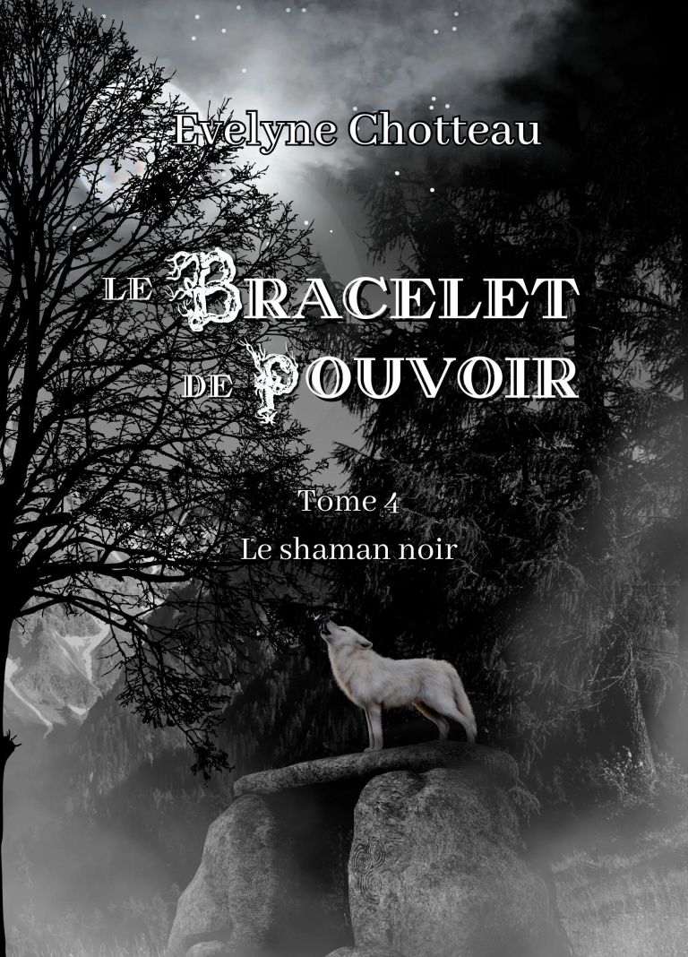 Image site Evelyne Chotteau auteure fantasy dolmen loup forêt montagne  couverture Le bracelet de pouvoir tome 4 Le shaman noir 