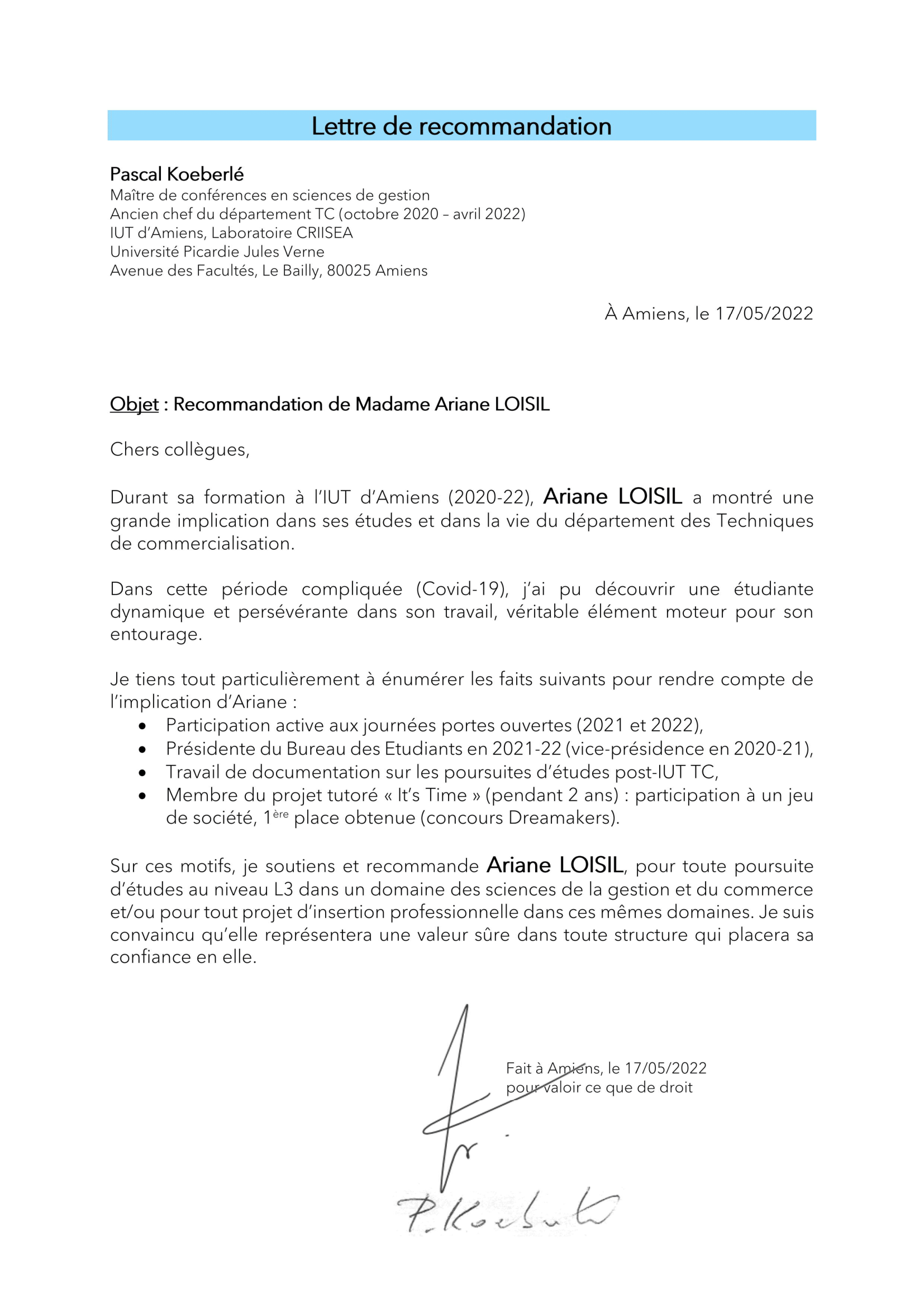Lettre recommandation ariane loisil m koeberle 1