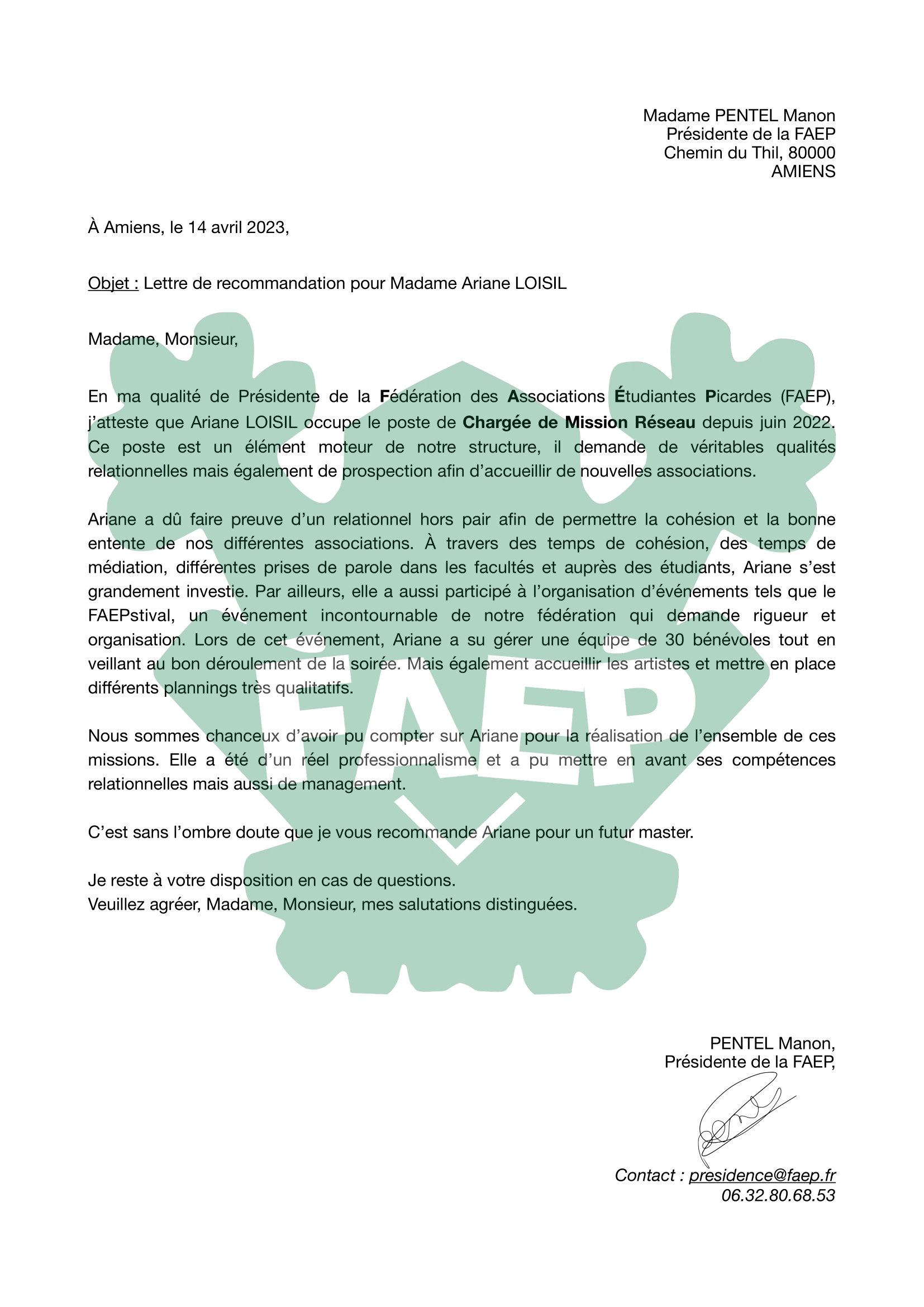 Lettre recommandation ariane loisil manon pentel