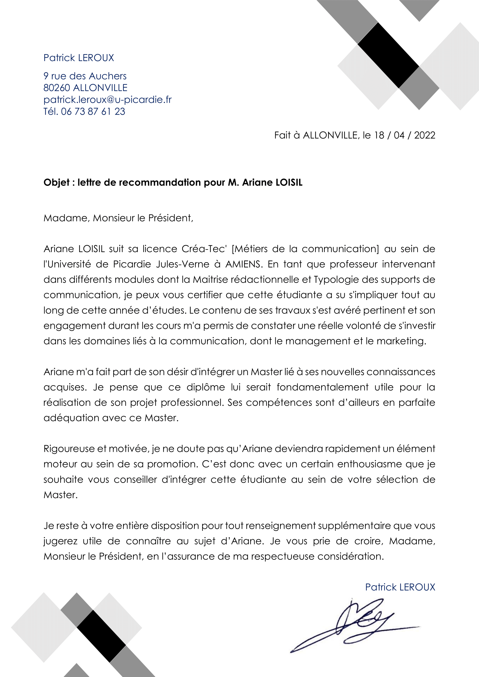 Lettre recommandation patrick leroux ariane loisil 1