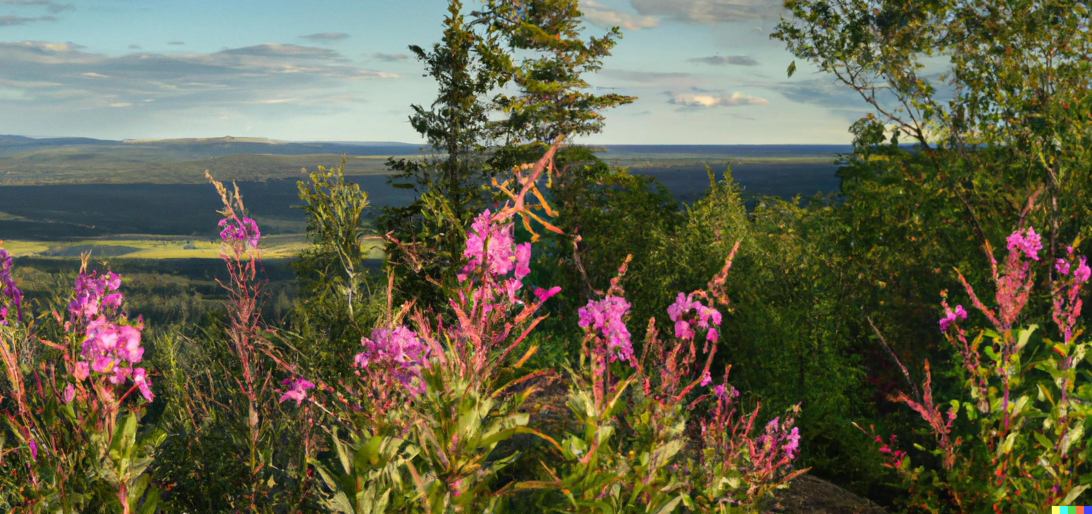 Dall e 2023 04 19 19 42 07 a detailed panoramic picture of a landscape with chamaenerion angustifolium at the foreground