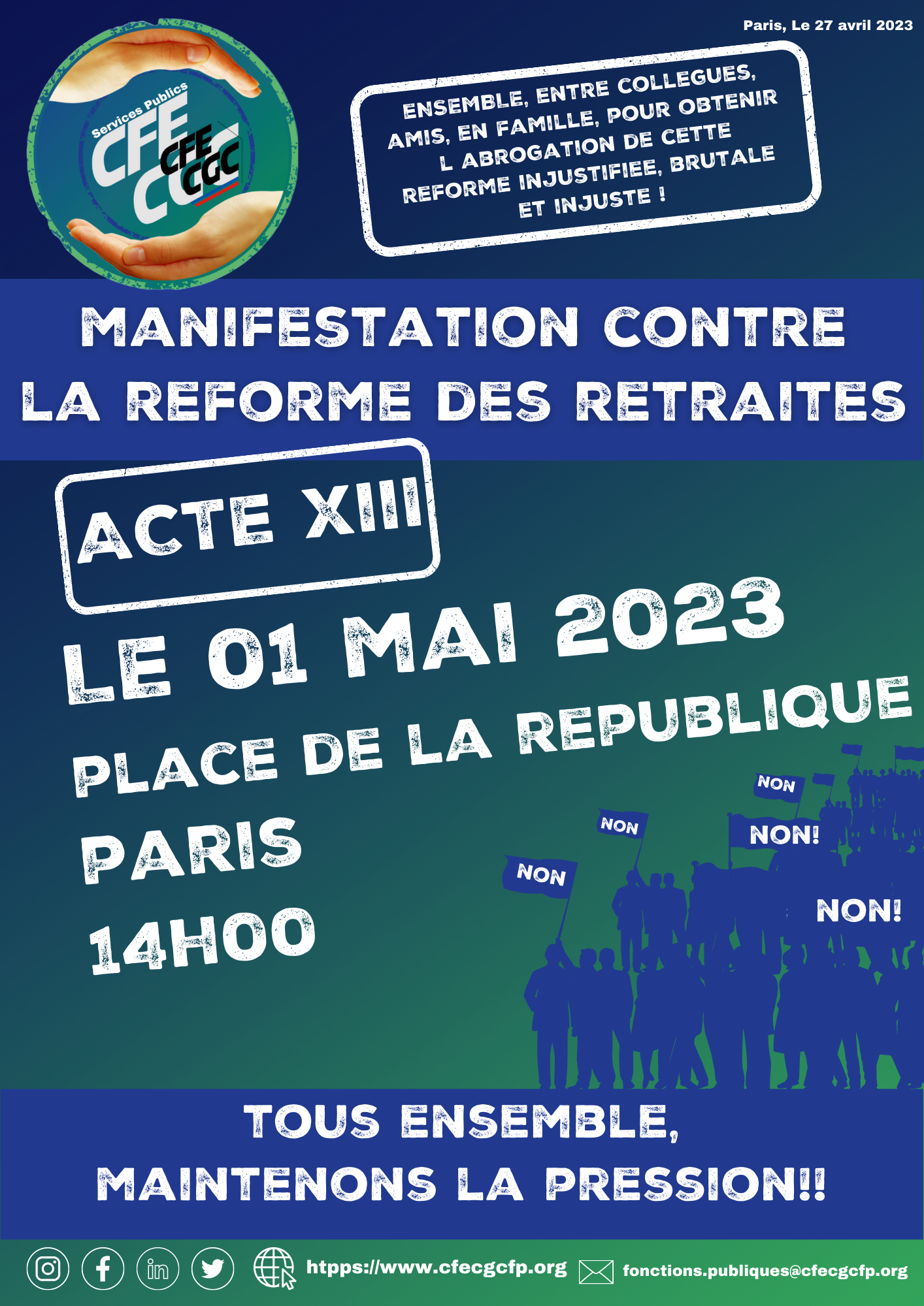 Acte 13: rassemblement place de la République le 1er mai 23 14h00