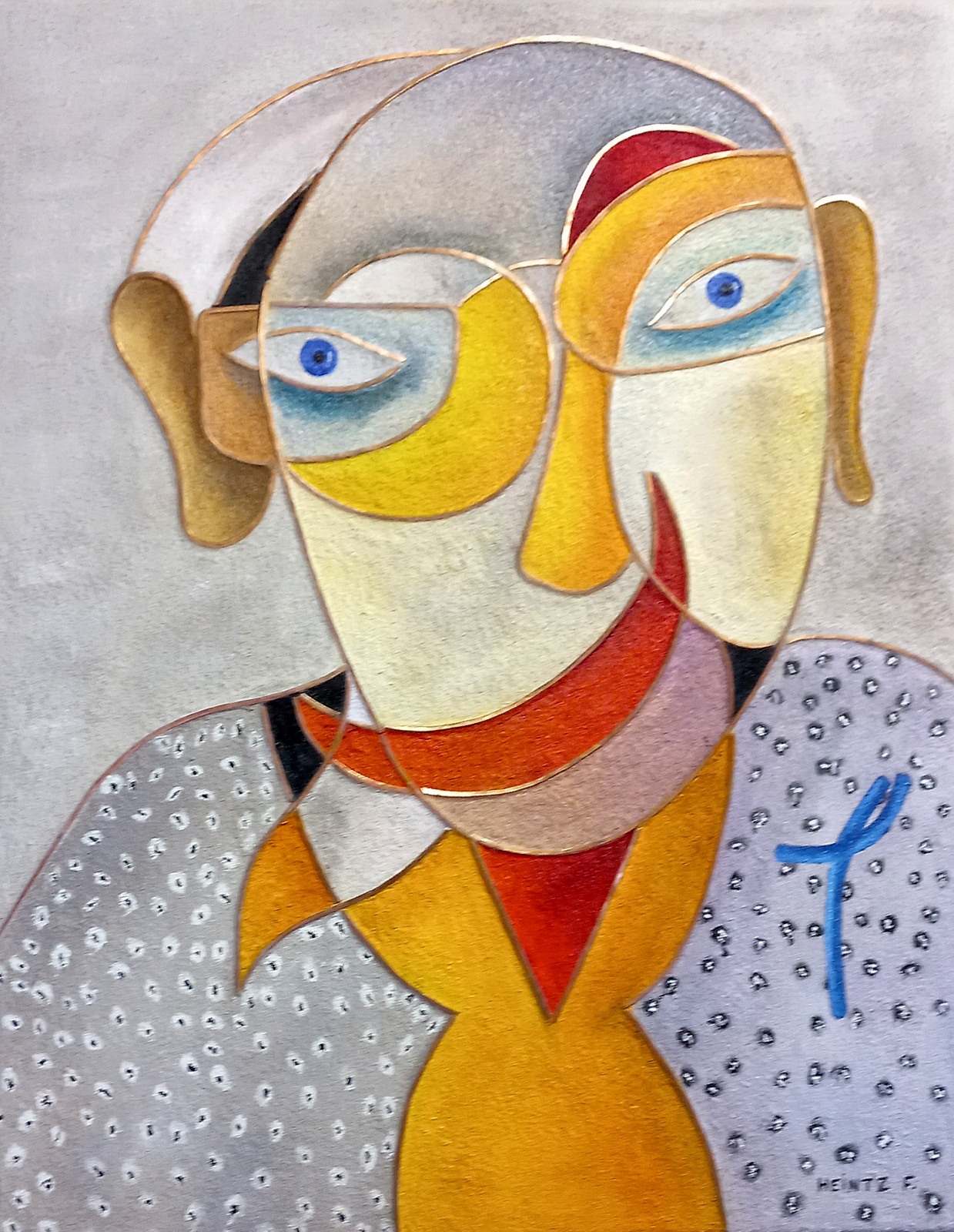 Autoportrait. Clin d'oeil à Picasso. Couleurs dominantes: jaune et rouge sur fond gris clair 
