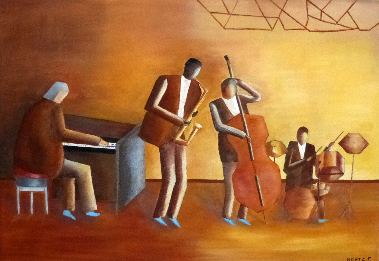 Quatuor jazz - Couleur dominante: brun. Fond jaune.