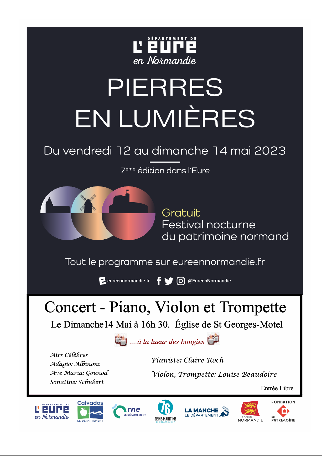 Chers amis,

L’ASPSGM vous accueillera ce dimanche 14 Mai à 16h 30 en l’église de 
Saint Georges Motel, pour un moment de pur plaisir.

Une petite  promenade musicale a la lueur des bougies

A dimanche