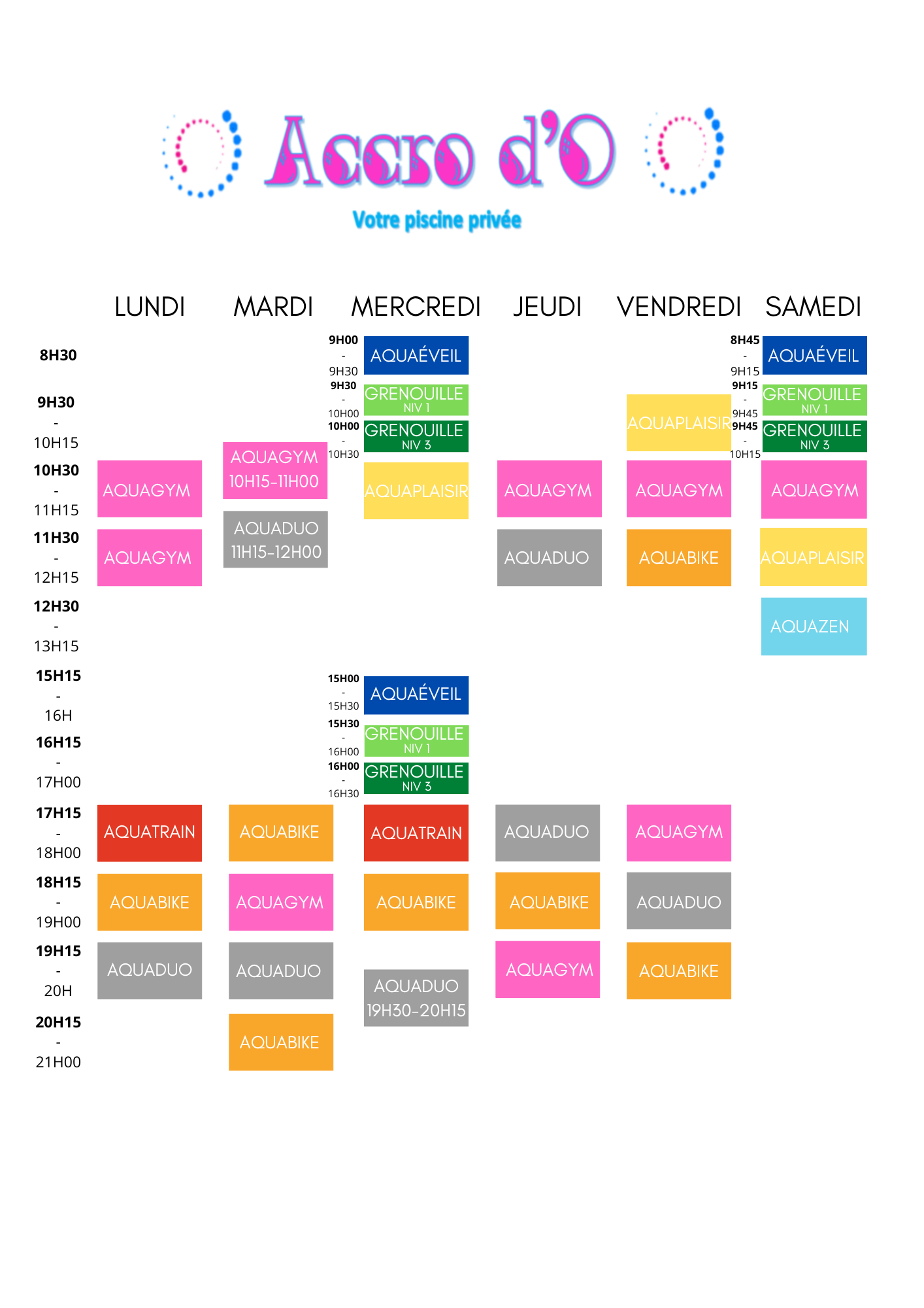 Planning des activités aquatiques Accro d'O Valenciennes 
