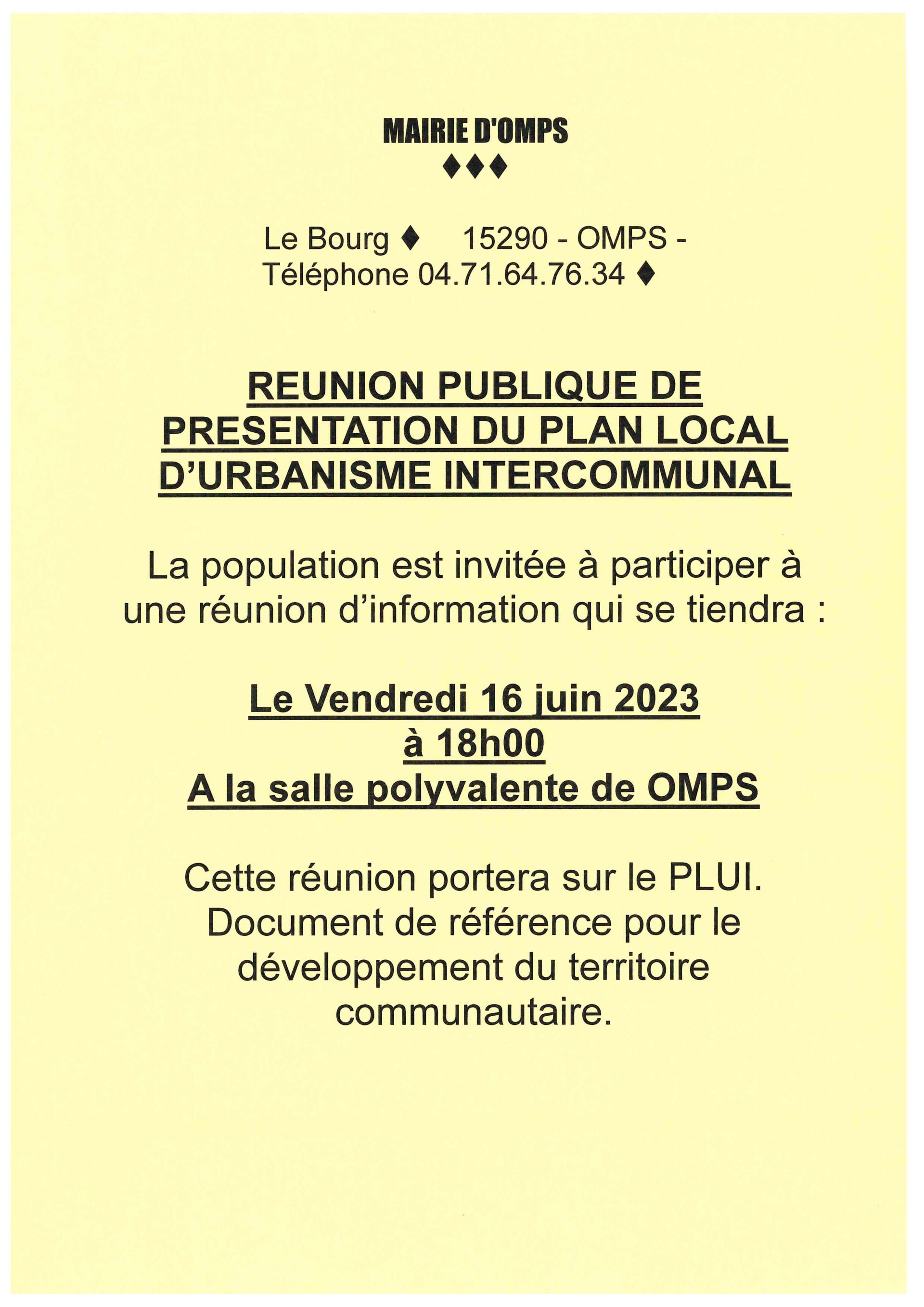 REUNION PUBLIQUE DE PRESENTATION DU PLUI