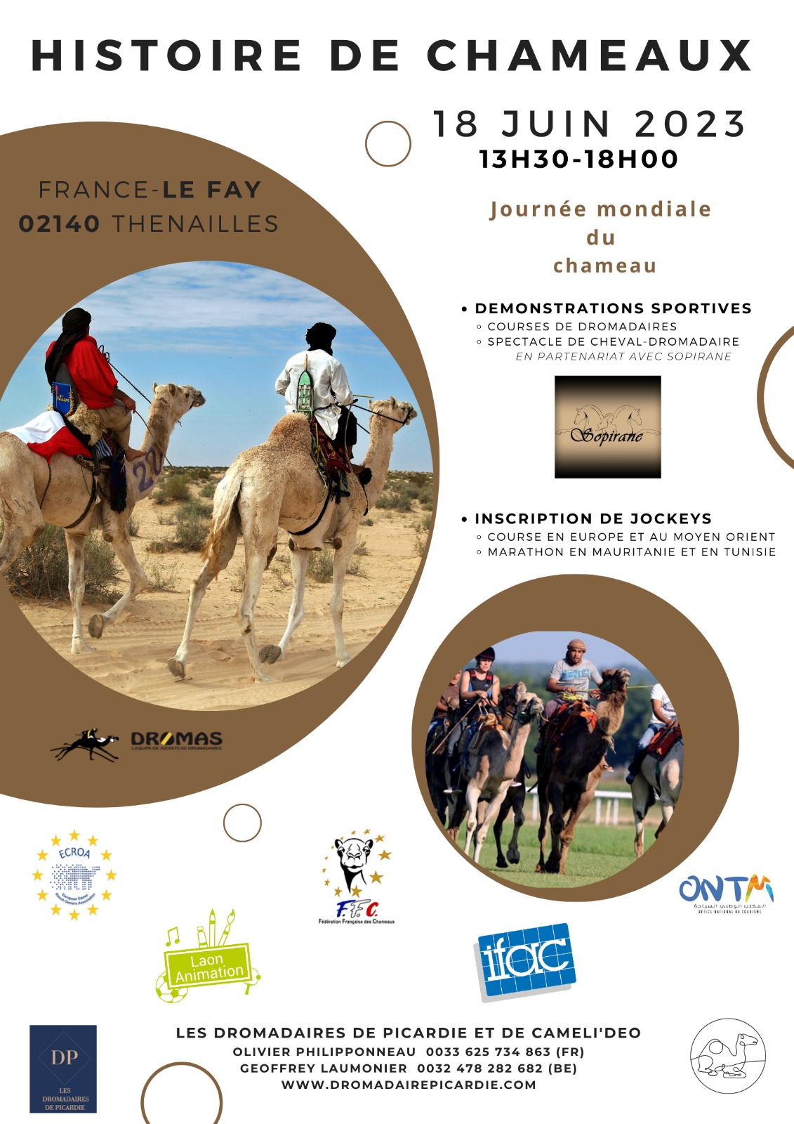 AFFICHE  JOURNEE DROMADAIRE PICARDIE HISTOIRE DE CHAMEAUX LE 18 JUIN 2023 THENAILLES AVEC ASSO DROMAS .FFC ECROA ET CAP NO
