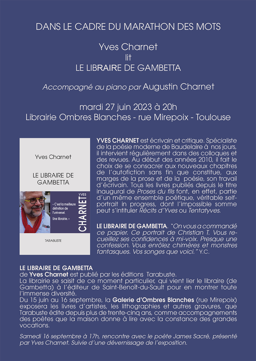 Yves charnet au marathon des mots et tarabuste a la librairie ombres blanches toulouse