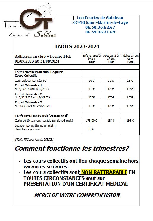 Tarifs centre équestre de Subileau