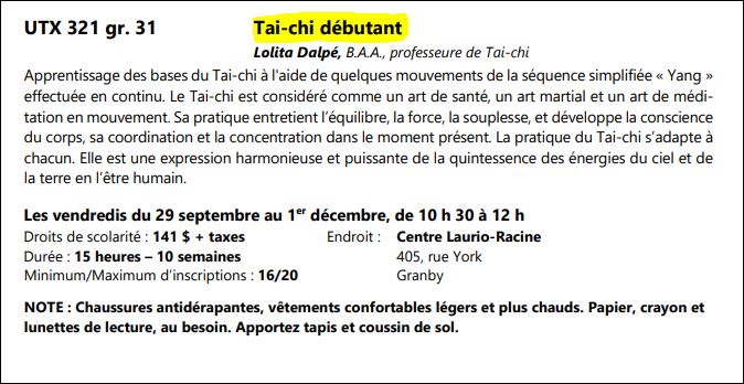 Automne 2023 Tai-Chi "les bases" Débutants professeure Lolita
Inscriptions 13 septembre 2023 auprès de UTA Granby.