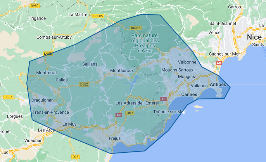 Carte de la zone d'intervention : rayon de 25 km autour de Montauroux.