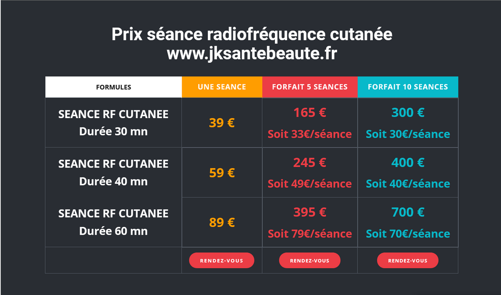 prix radiofrequence cutanée visage et corps Marseille allauch plan de cuques
tarif séance et forfait pas cher