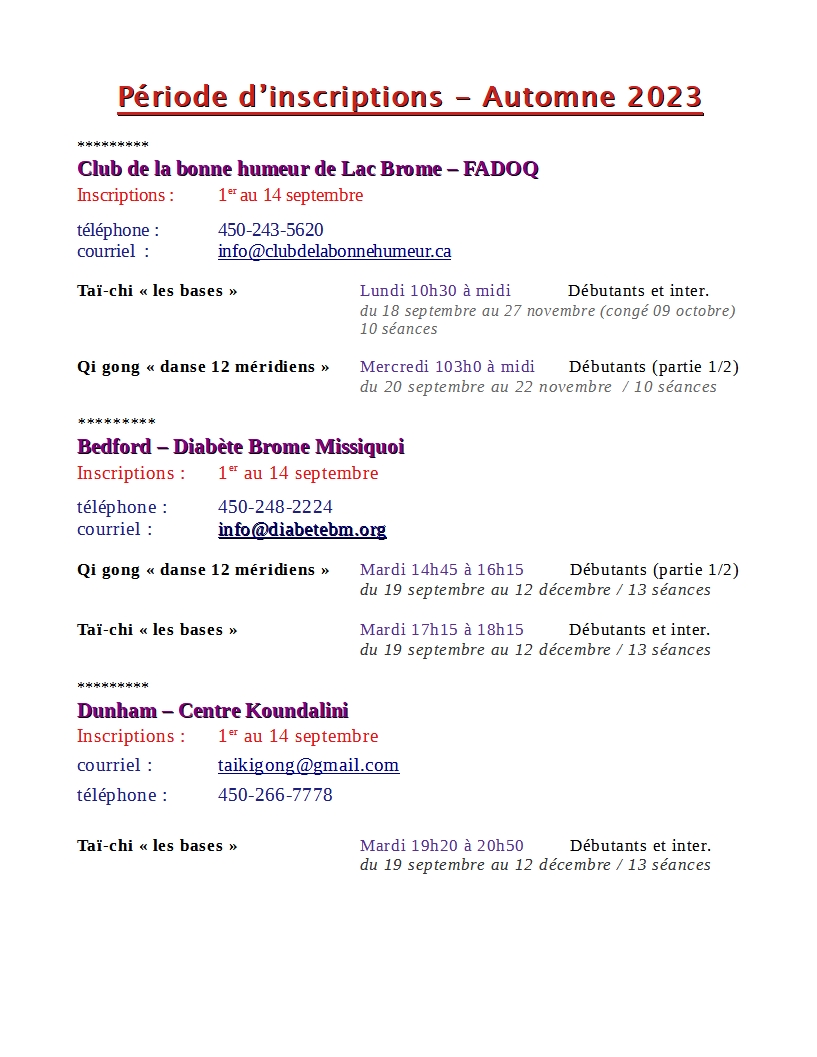 Dates des inscriptions automne 2023 taikigong Tai-Chi, Qi gong santé, Méditation, Lolita
p.1-2