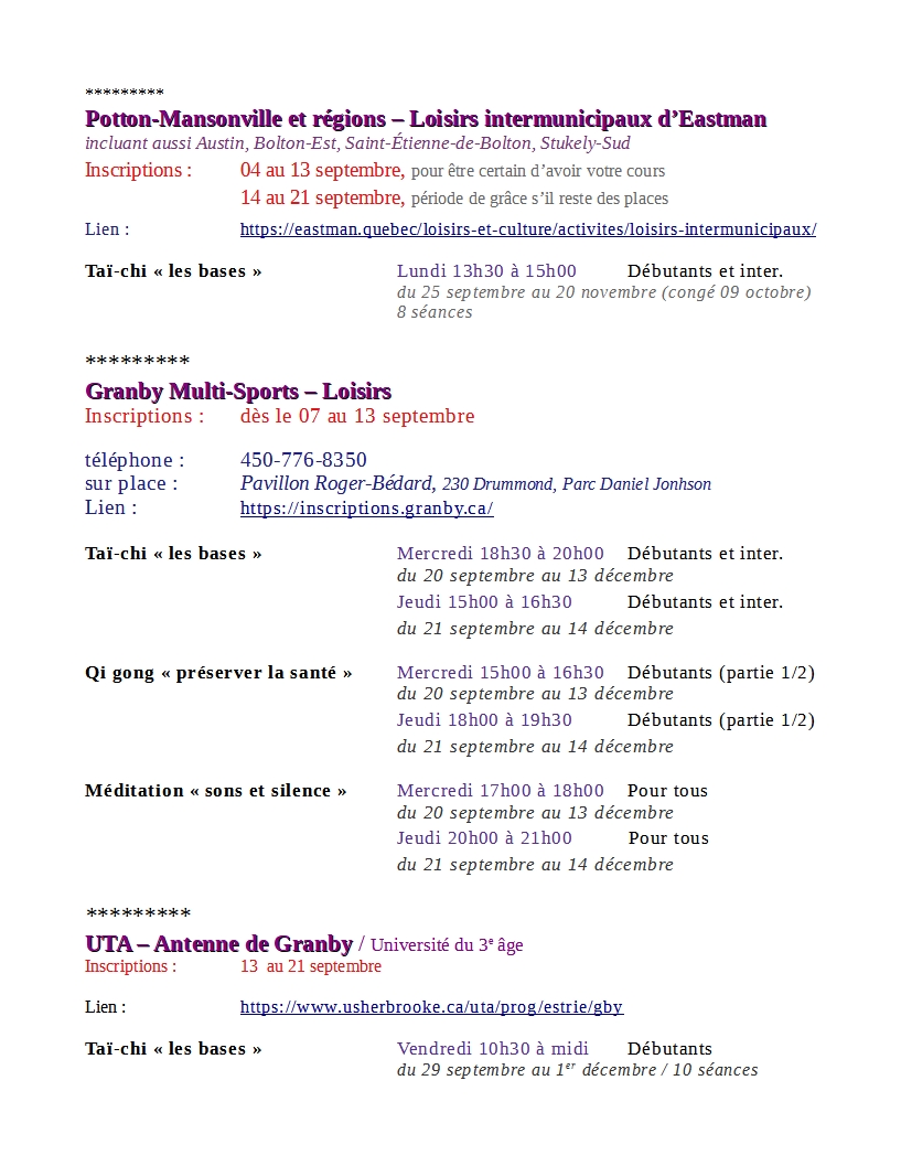 Dates des inscriptions automne 2023 taikigong Tai-Chi, Qi gong santé, Méditation, Lolita
p.2-2
