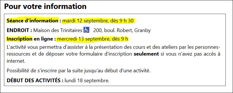 UTA- Antenne de Granby AUTOMNE 2023 cours de Tai-chi Débutants
professeure 24+ ans d'expérience 
Séance d'information 12 septembre 2023 9h30 a.m. Maison des Trinitaires, 200 boul. Robert