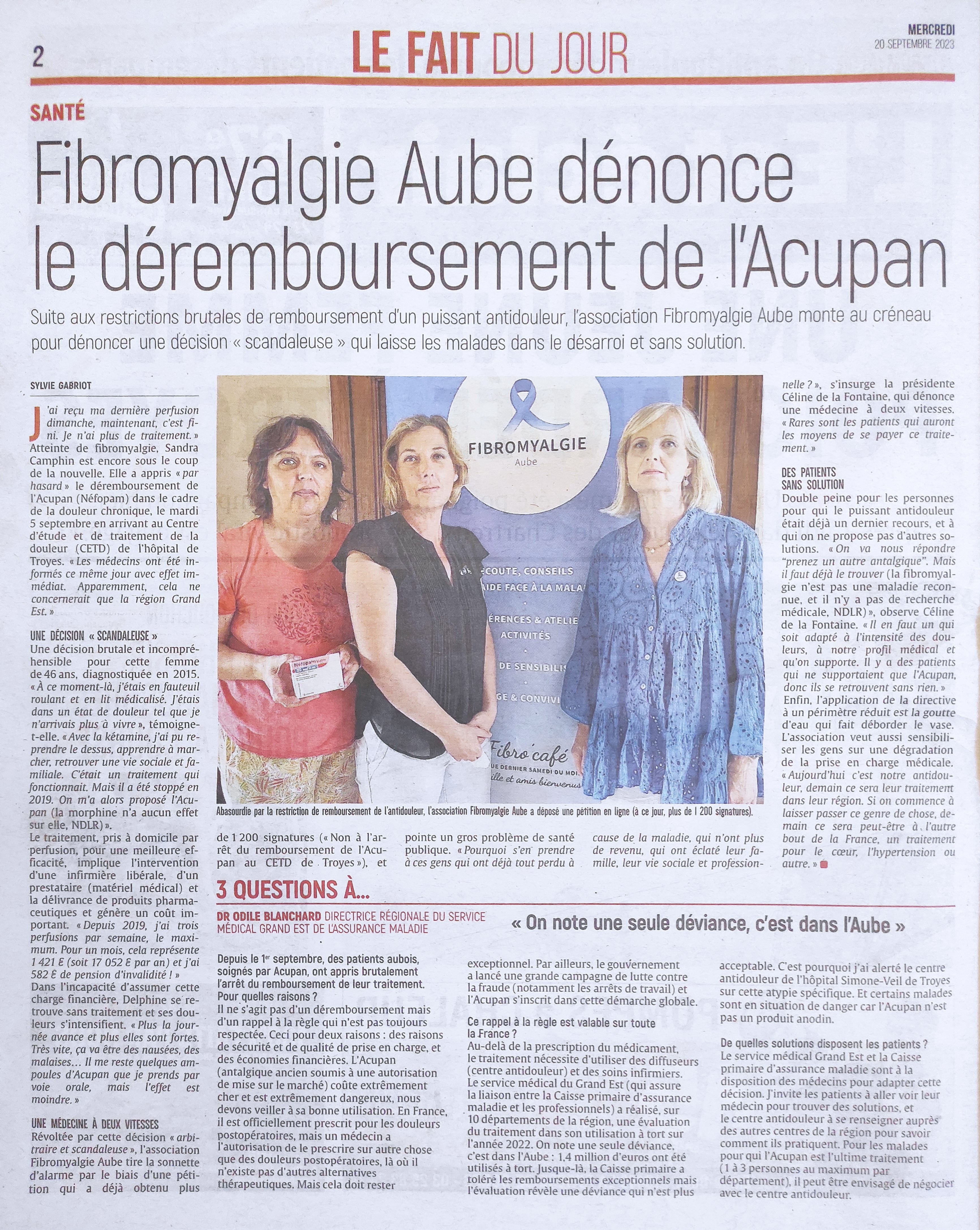 Fibromyalgie Aube dénonce le déremboursement de l'Acupan. Article du journal L'Est Eclair du 20 septembre 2023
