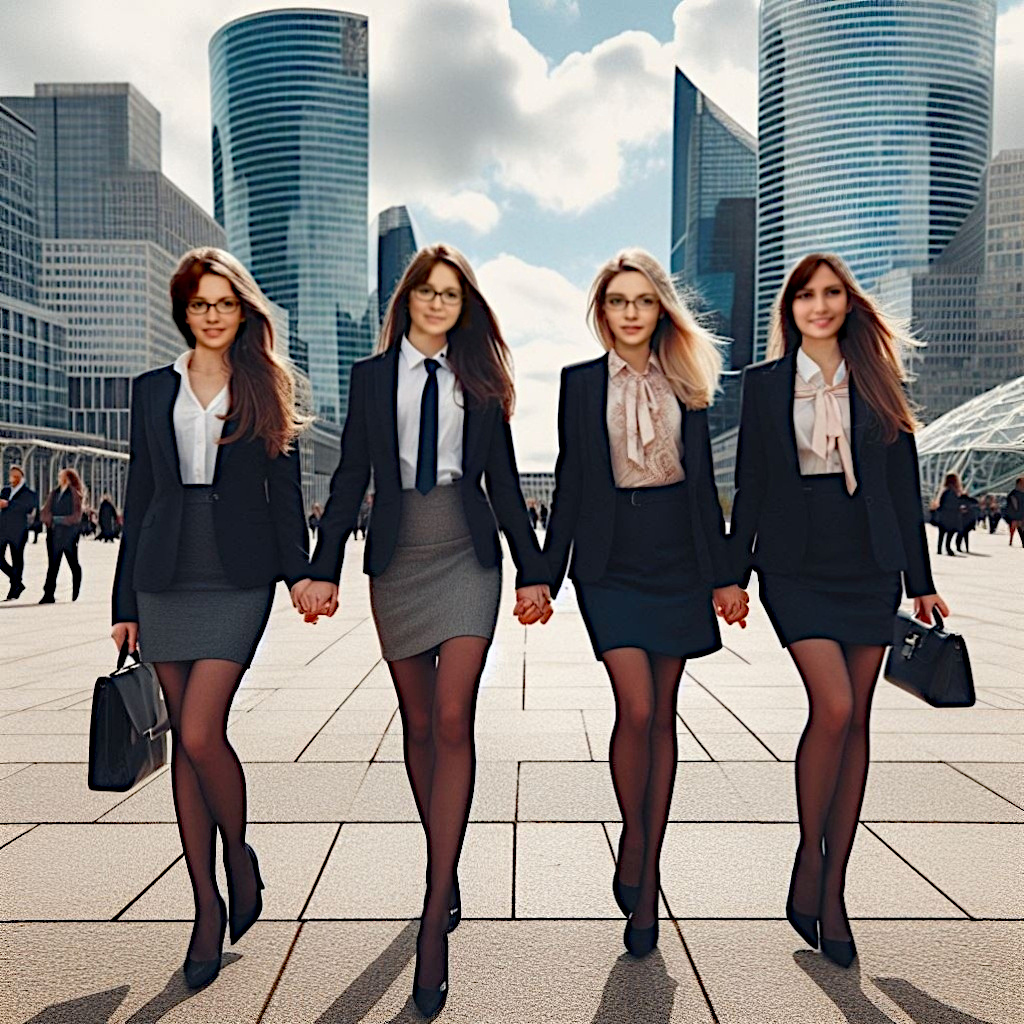 Toutes en tailleurs jupes sur le parvis de la Défense.