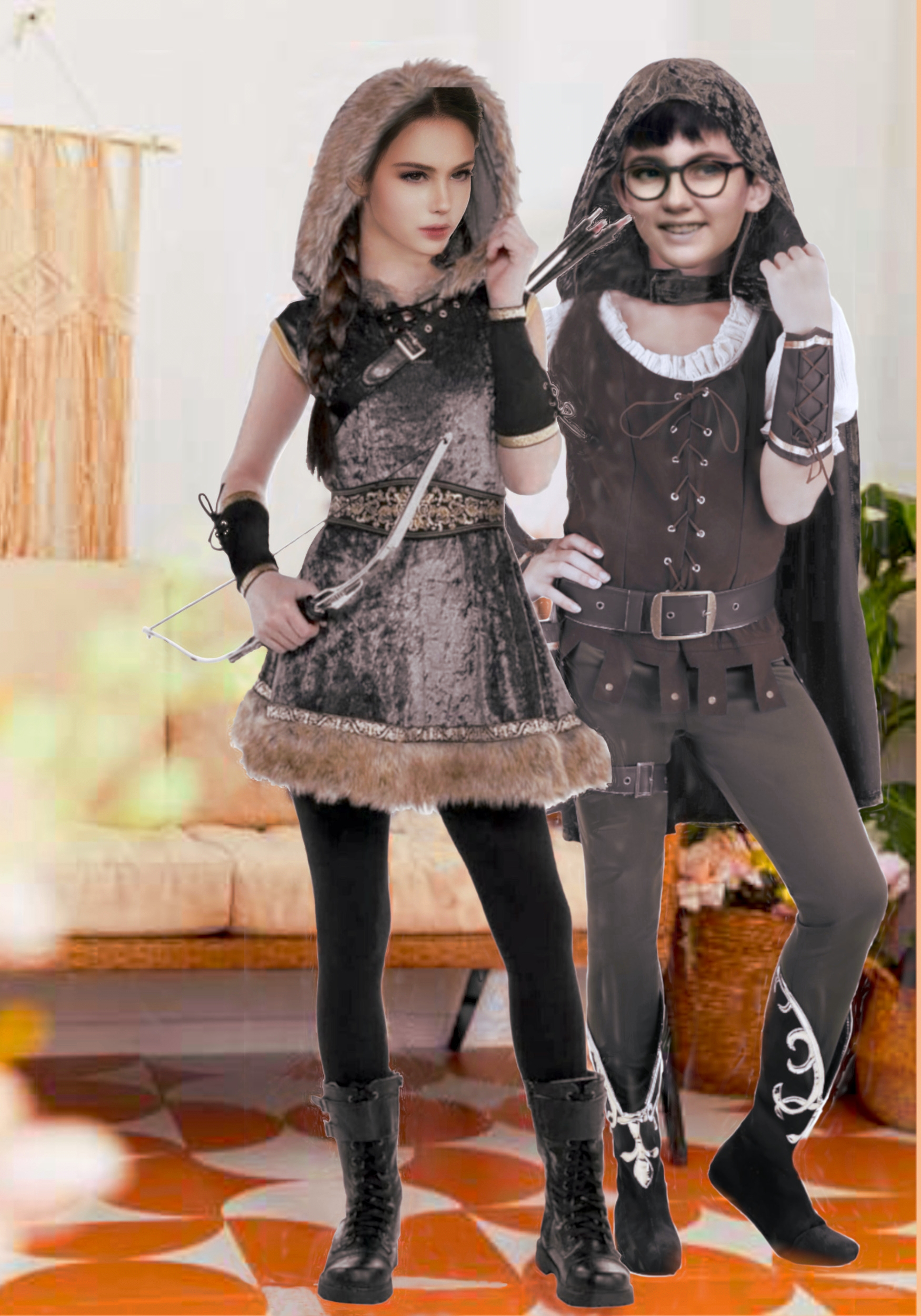 Daphné et Erica déguisées en robin des bois et son archère préférée.
Un robin tout en dentelle et très féminin.