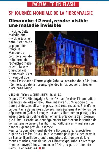 31ème Journée Mondiale de la Fibromyalgie. Dimanche 12 mai, rendre visible une maladie invisible. Article du journal L'Est Eclair du 07 mai 2024