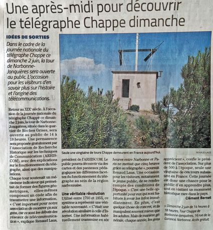 Journée nationale Télégraphe Chappe article de L'Indépendant