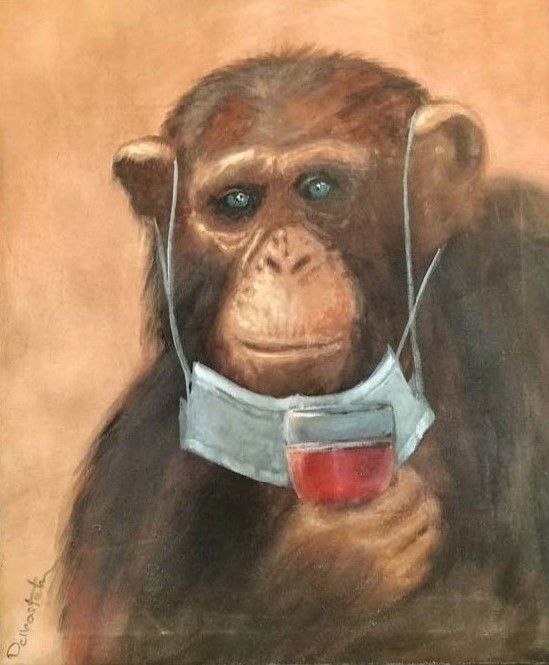 Peinture singe au verre de rouge
