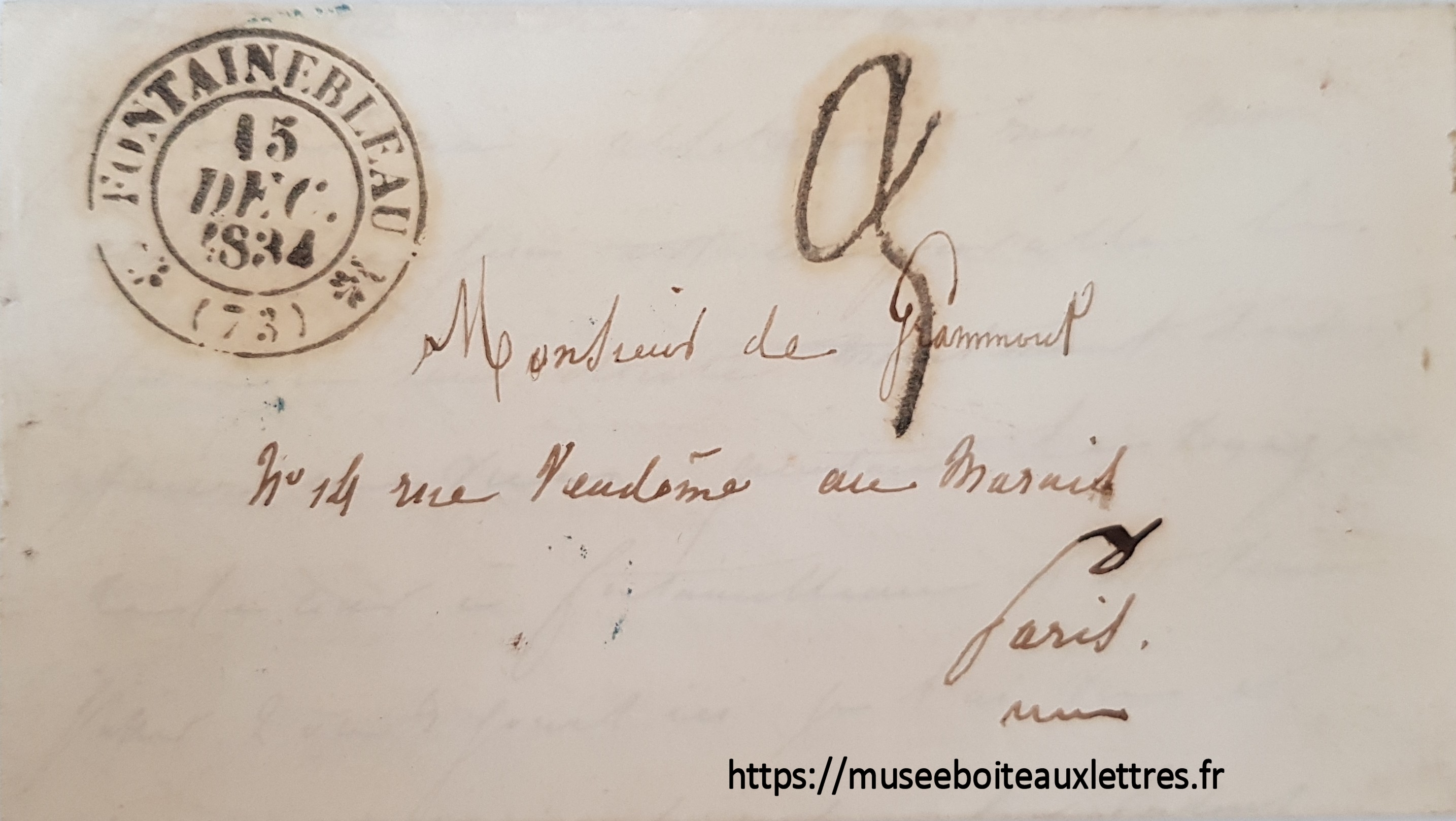 lettre taxée 3 décimes fontainebleau 1834.