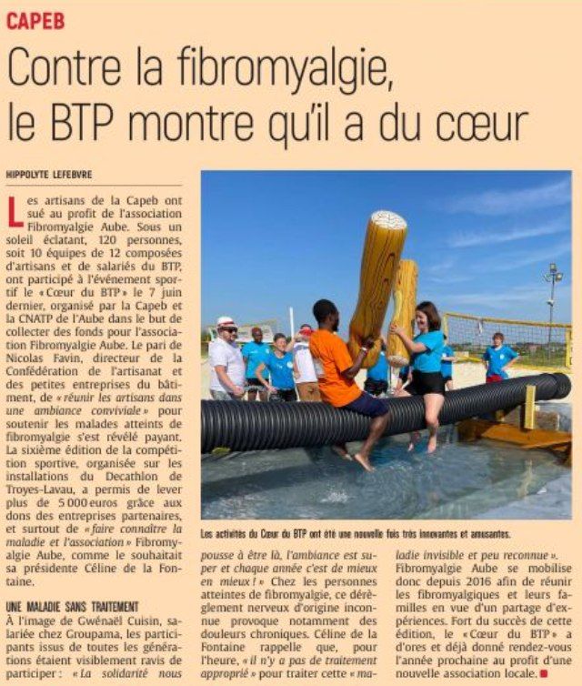 "Contre la fibromyalgie, le BTP montre qu'il a du coeur" Article du journal L'Est Eclair paru le 12 juin 2024, pour l'action solidaire "Le Coeur du BTP" de la Capeb de l'Aube, qui a eu lieu le 07 juin 2024.