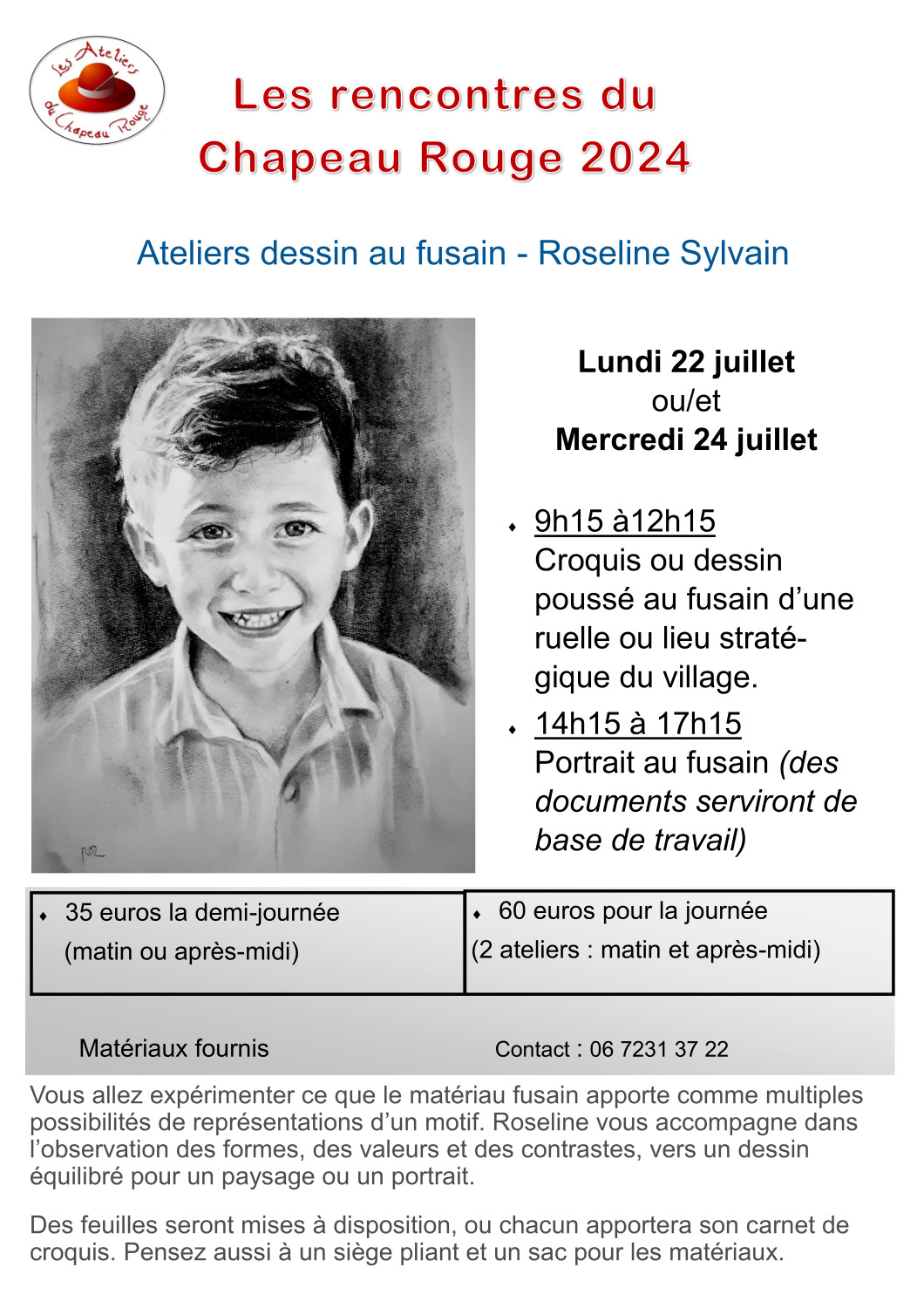 Atelier dessin au fusain 22 et 24 juillet 2024