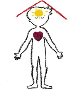 Cette image représente la silhouette du corps d'un enfant debout, les bras écartés, les yeux fermés, avec un gros coeur rouge brillant dans la poitrine et un soleil dans la tête. Cette image inspire une respiration tranquile, un calme intérieur, une détente.