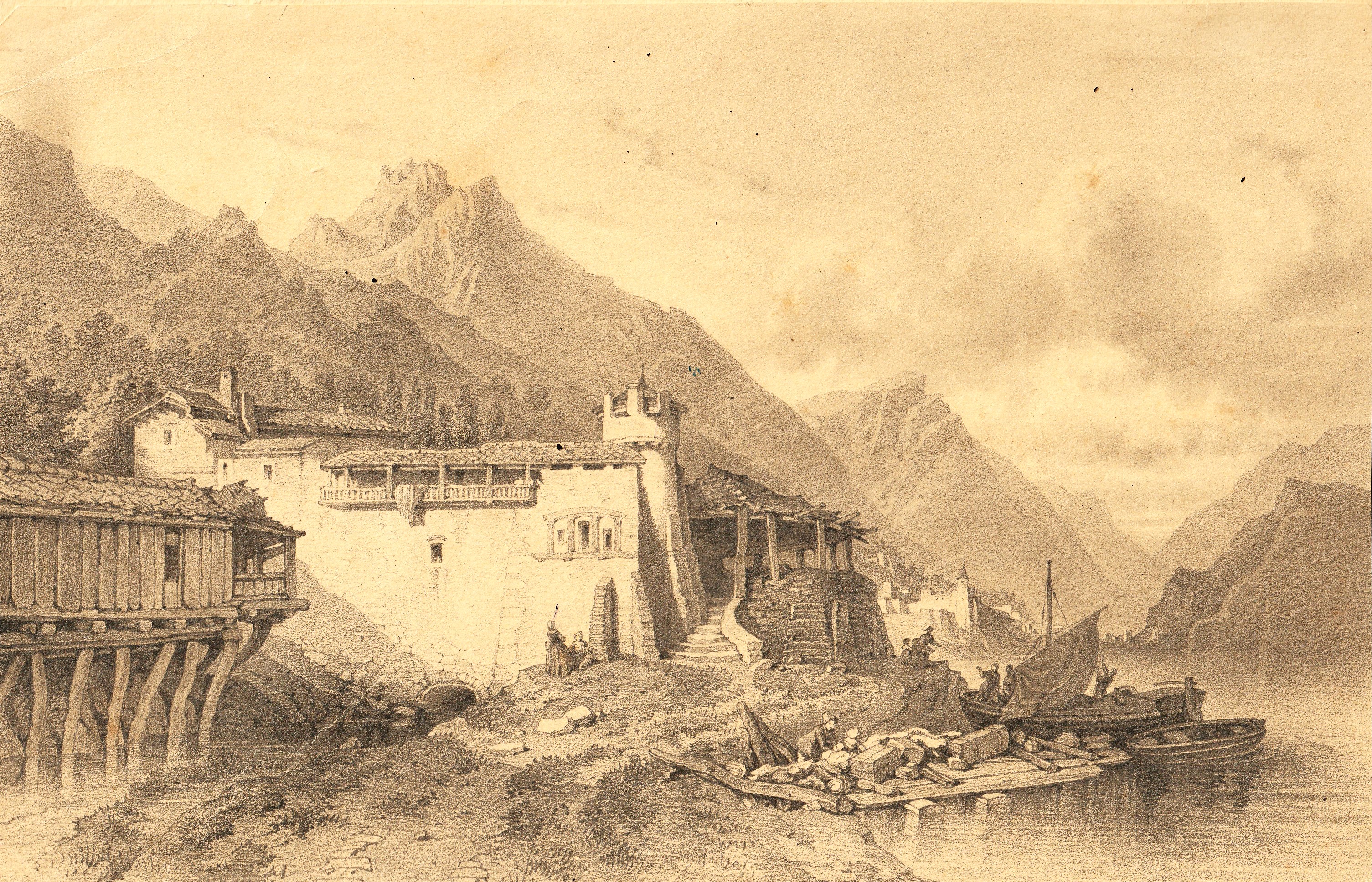 Mine de plomb anonyme 19 eme siecle paysage montagnes architecture et lac