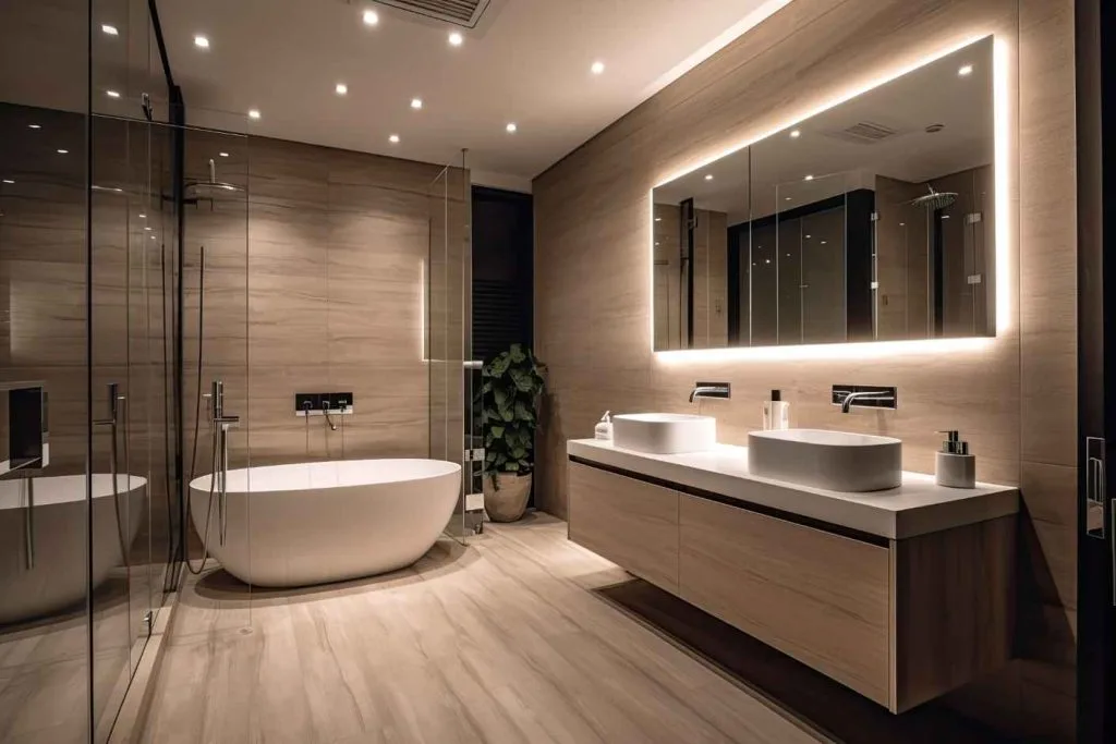 Rénovation salle de bain contemporaine avec éclairage LED intégré et finitions en bois, installée par Joël Gaillard. Artisan expert en plomberie et chauffage, offrant des solutions modernes et sur mesure à Nantes.
