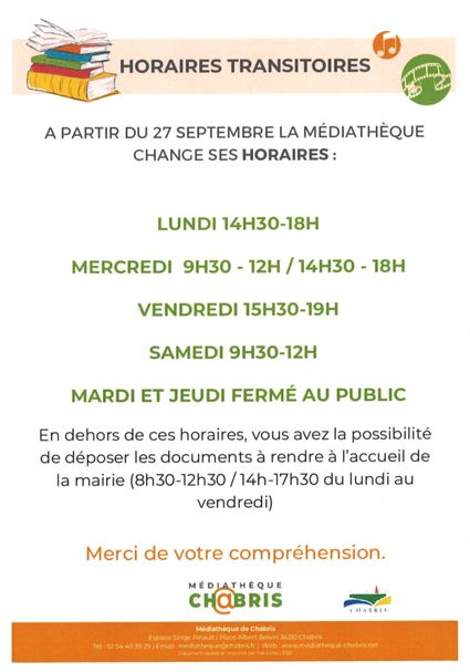 Médiathèque : nouveaux horaires transitoires