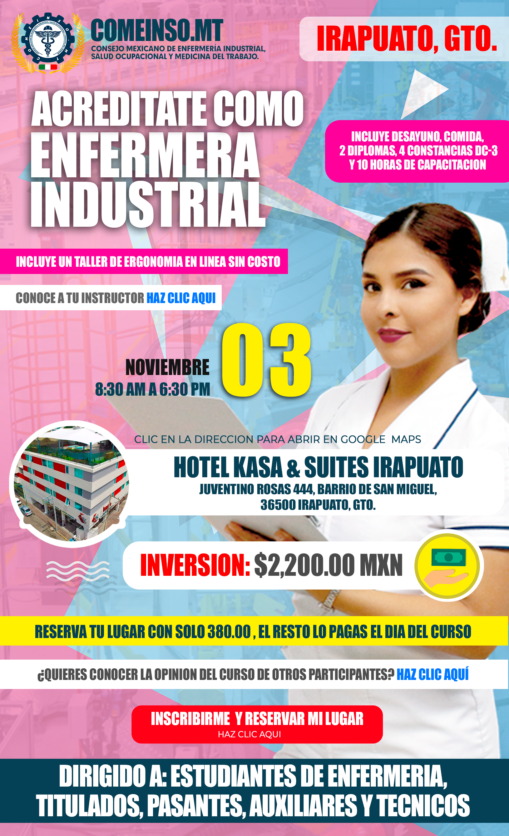 Informes curso presencial formacion de enfermeras industriales en irapuato gto