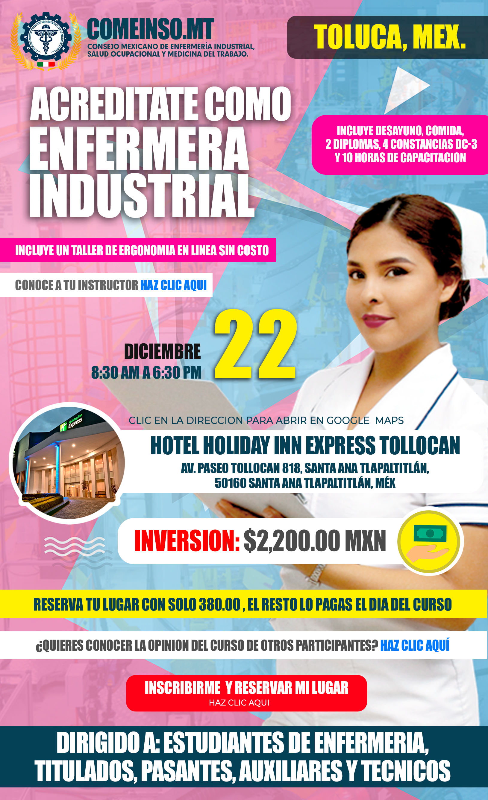 Informes curso presencial formacion de enfermeras industriales en toluca mexico dic 2024