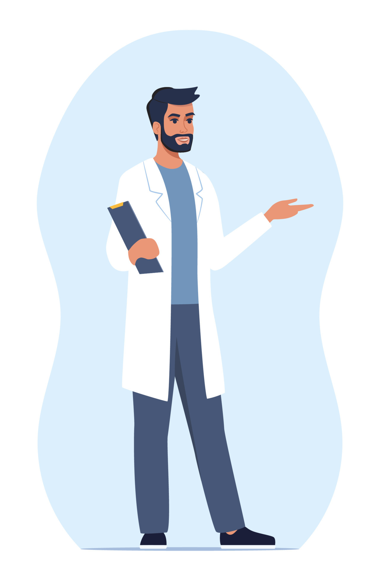 Doctor-in-medical-uniform-pointing-and-showing-something-with-hand-medicine-worker-man-explaining-and-presenting-something-flat-illustration-vector