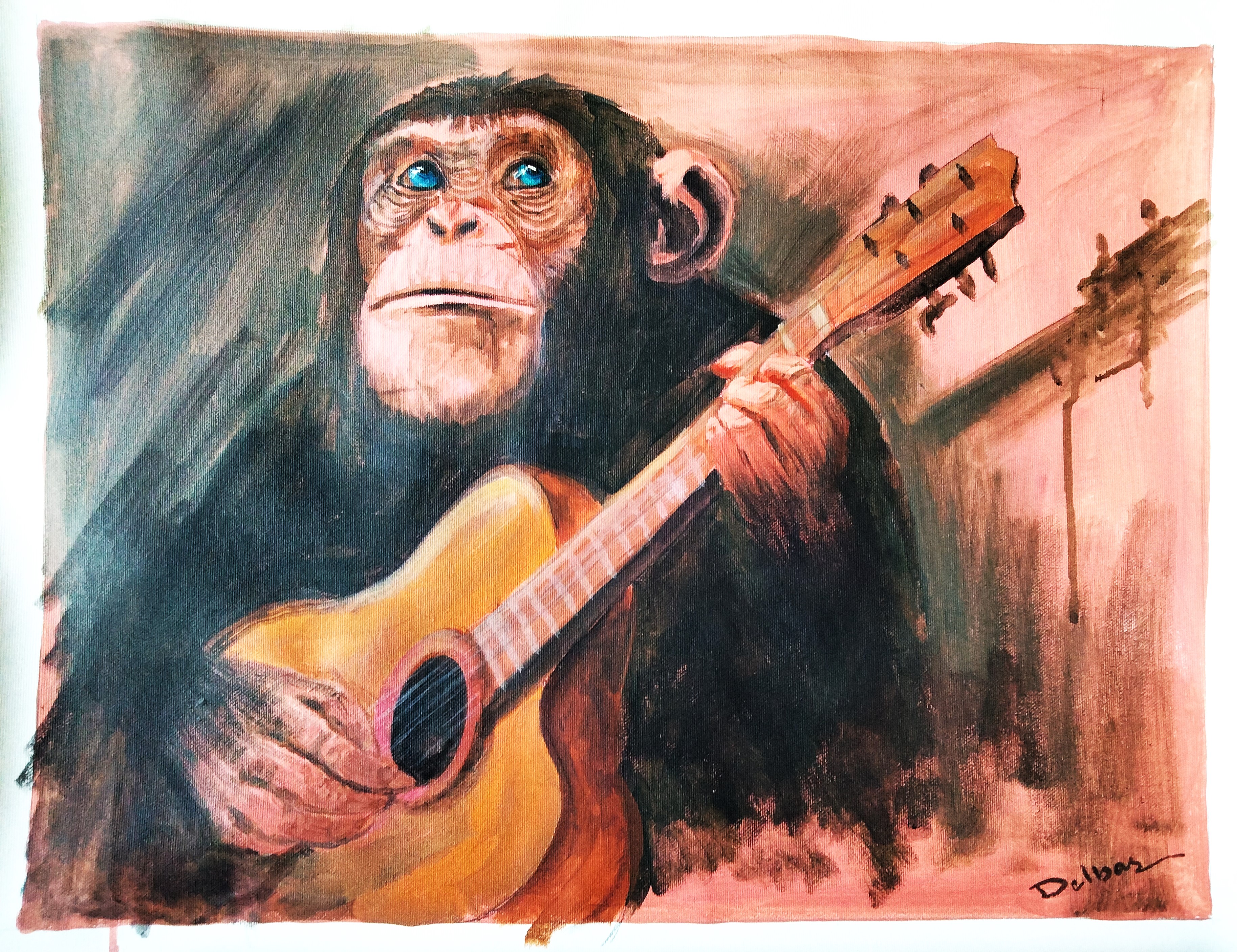 Delbasteh singe a la guitare nov 2024 acrykique sur toile