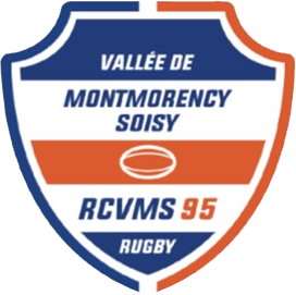 Logo du Rugby Club Vallée de Montmorency Soisy. Un blason bleu, blanc et orange.