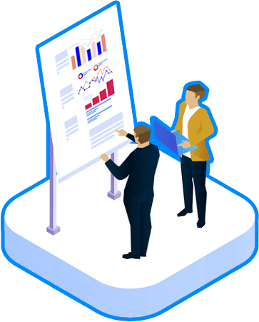 Icone Business Développement. Deux businessmen discutent devant un tableau rempli de graphiques.