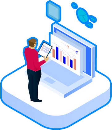 Icone Audit 360. Un businessman étudie des graphiques devant un ordinateur.