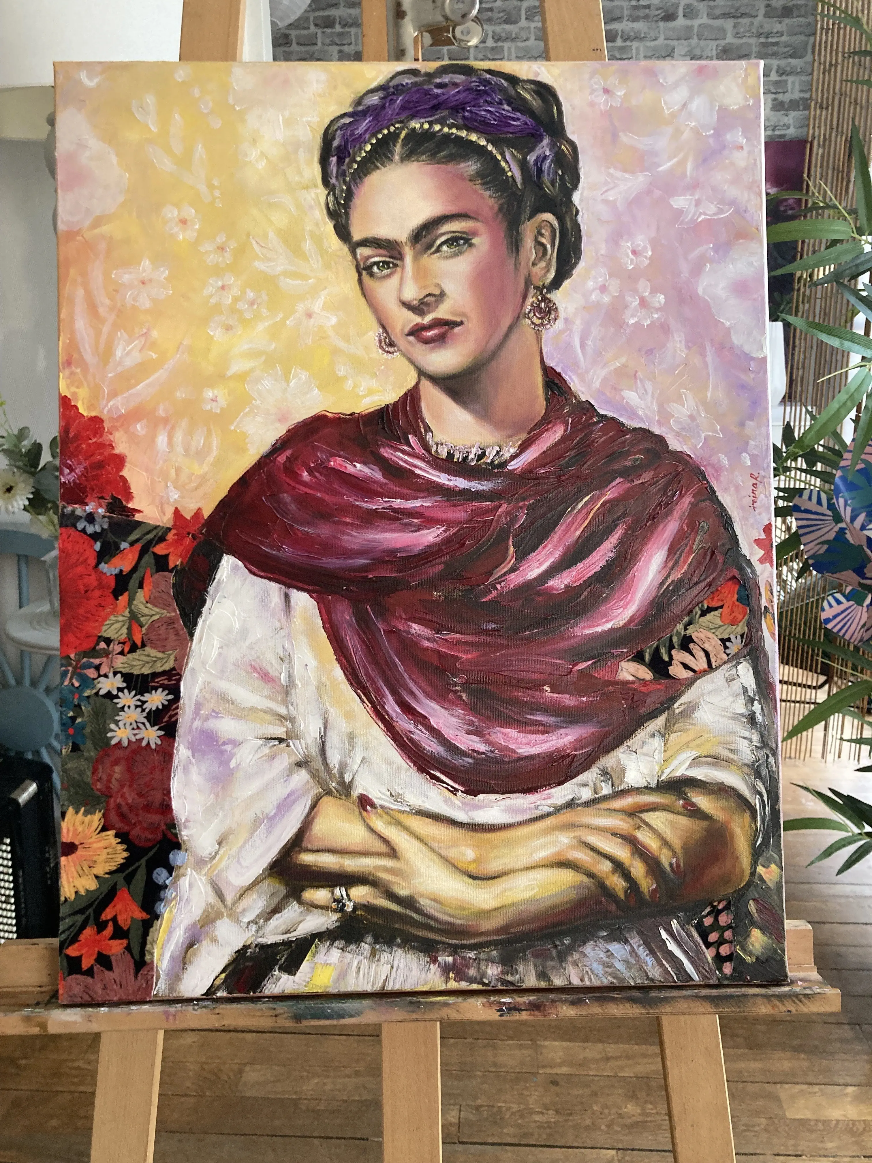 Frida, huile et tissu, 50 x 65, disponible 290 euros