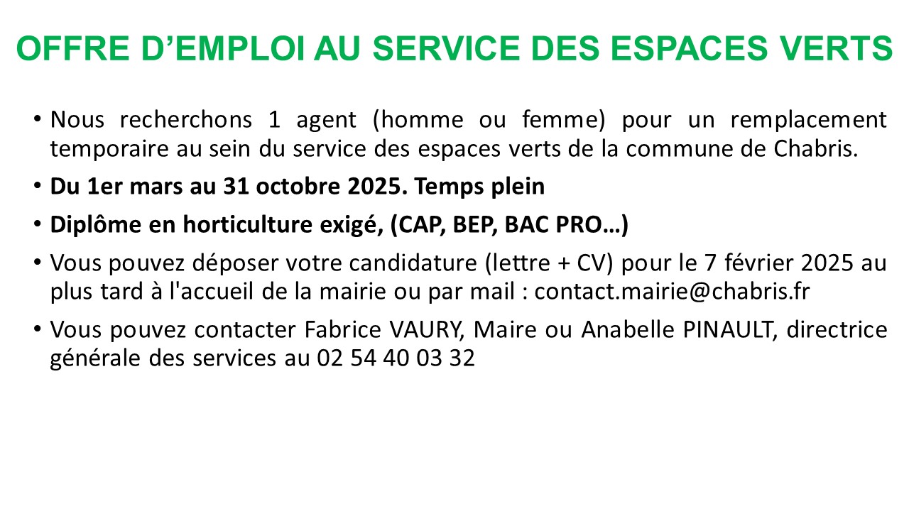 Offre d'emploi au service des espaces verts