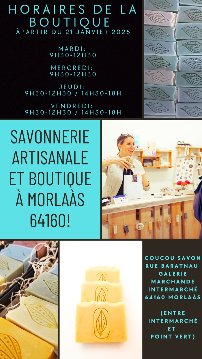 Coucou Bordes 64, savonnerie béarnaise, savon saponifié à froid, coucou savon, savon surgras, savon spiruline, savon saf, coucou savon