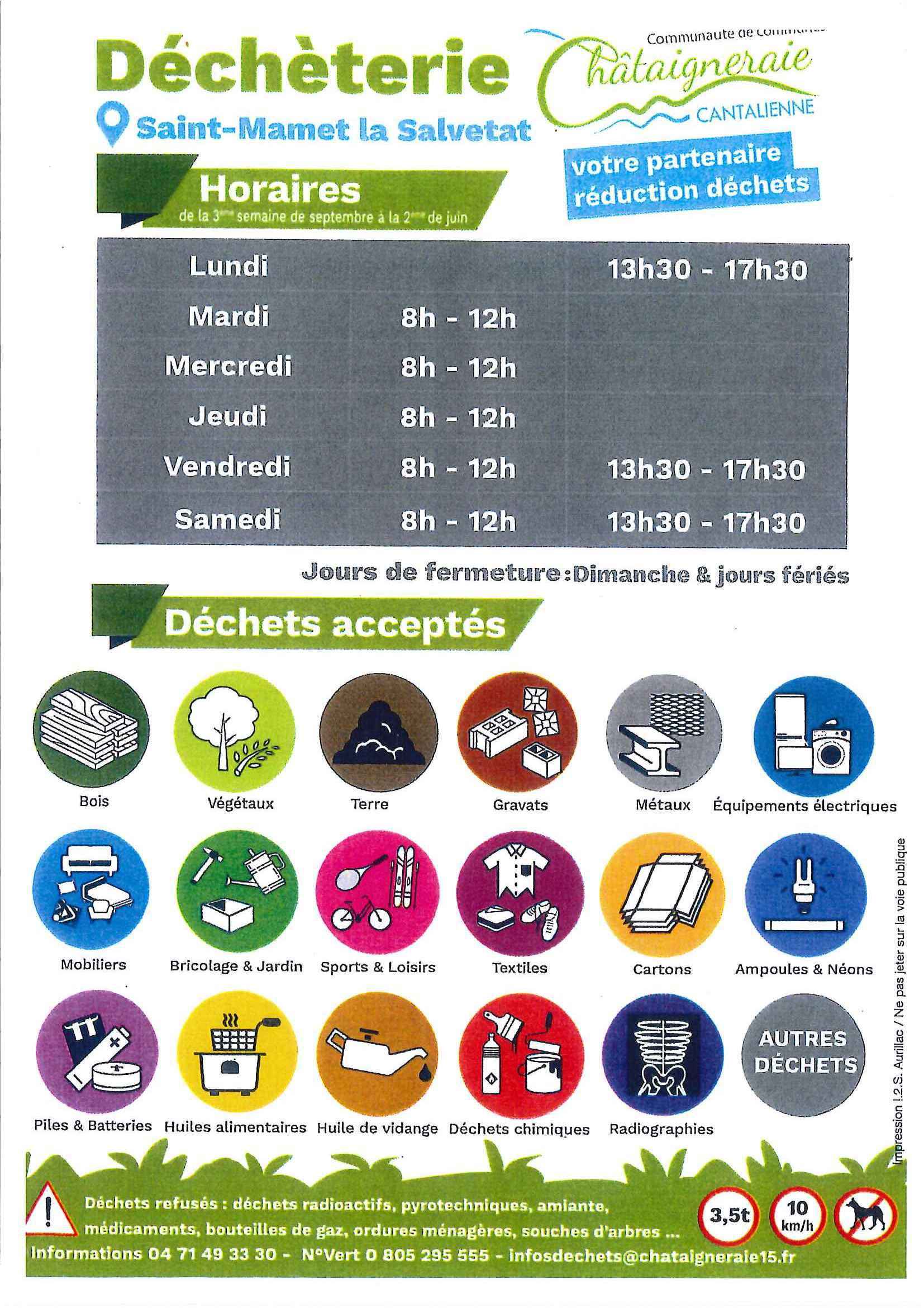 NOUVEAUX HORAIRES DECHETERIE SAINT MAMET LA SALVETAT