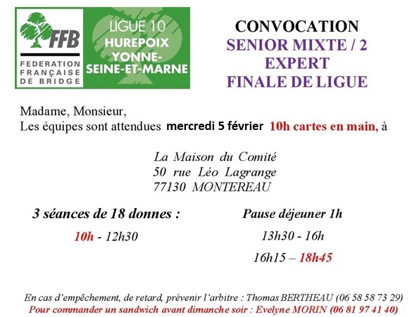 Convocation SENIOR Finale de ligue Mixte /2 Expert  